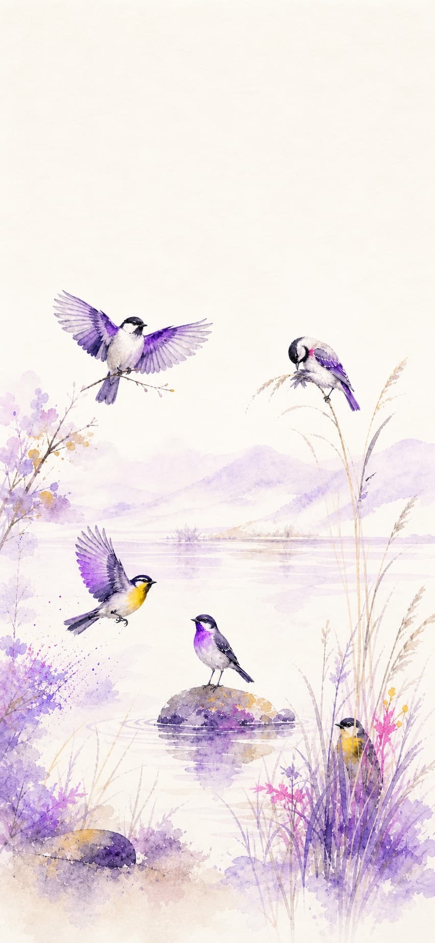 Paisaje acuarelado con cinco aves realizando acciones diferentes.