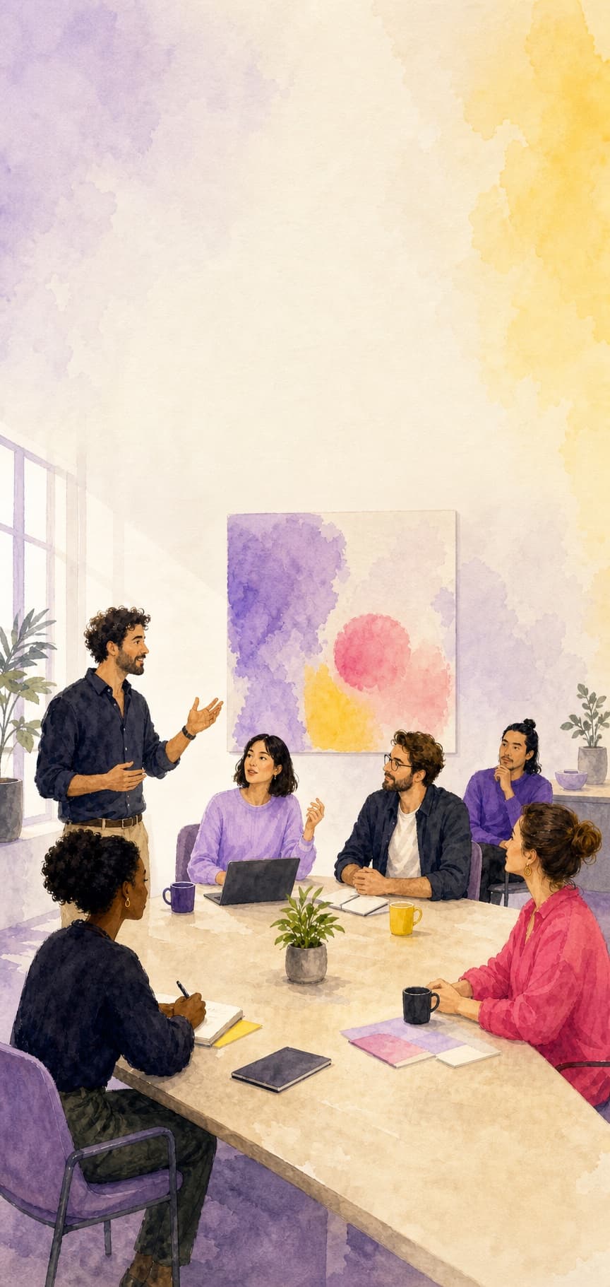 Reunión acuarelada con seis personas hablando, escuchando, tomando notas y observando.