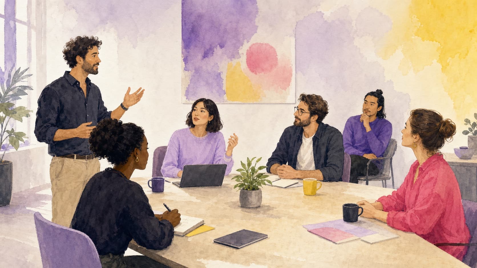 Reunión acuarelada con seis personas hablando, escuchando, tomando notas y observando.